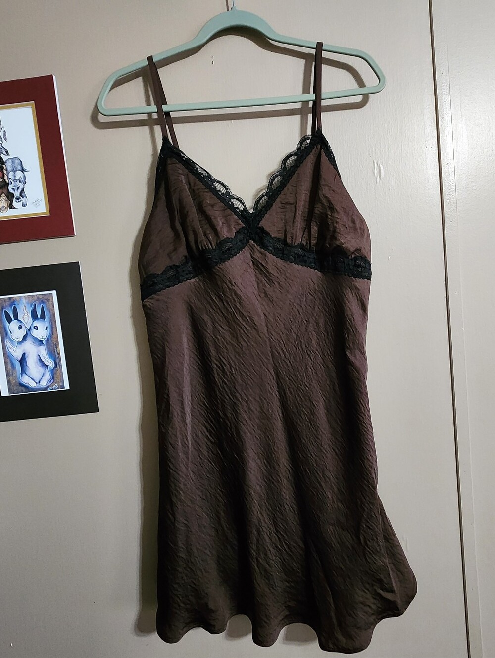 Y2K Satin Lace Slip Dress | Brown Mini Nightgown Chemise | Wild‎ Fable | L